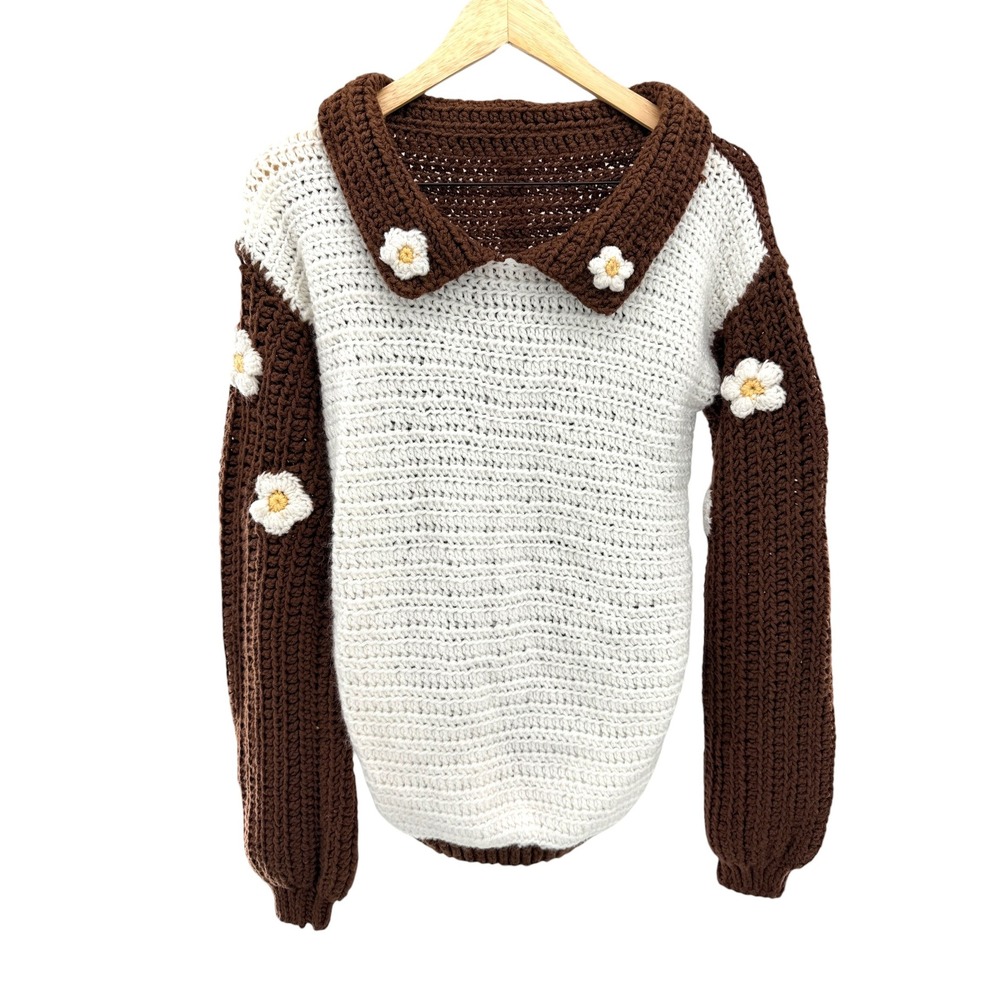 Chunky Crochet Knit Daisy Flower Collared Sweater Brown Cream Cottagecore Warm